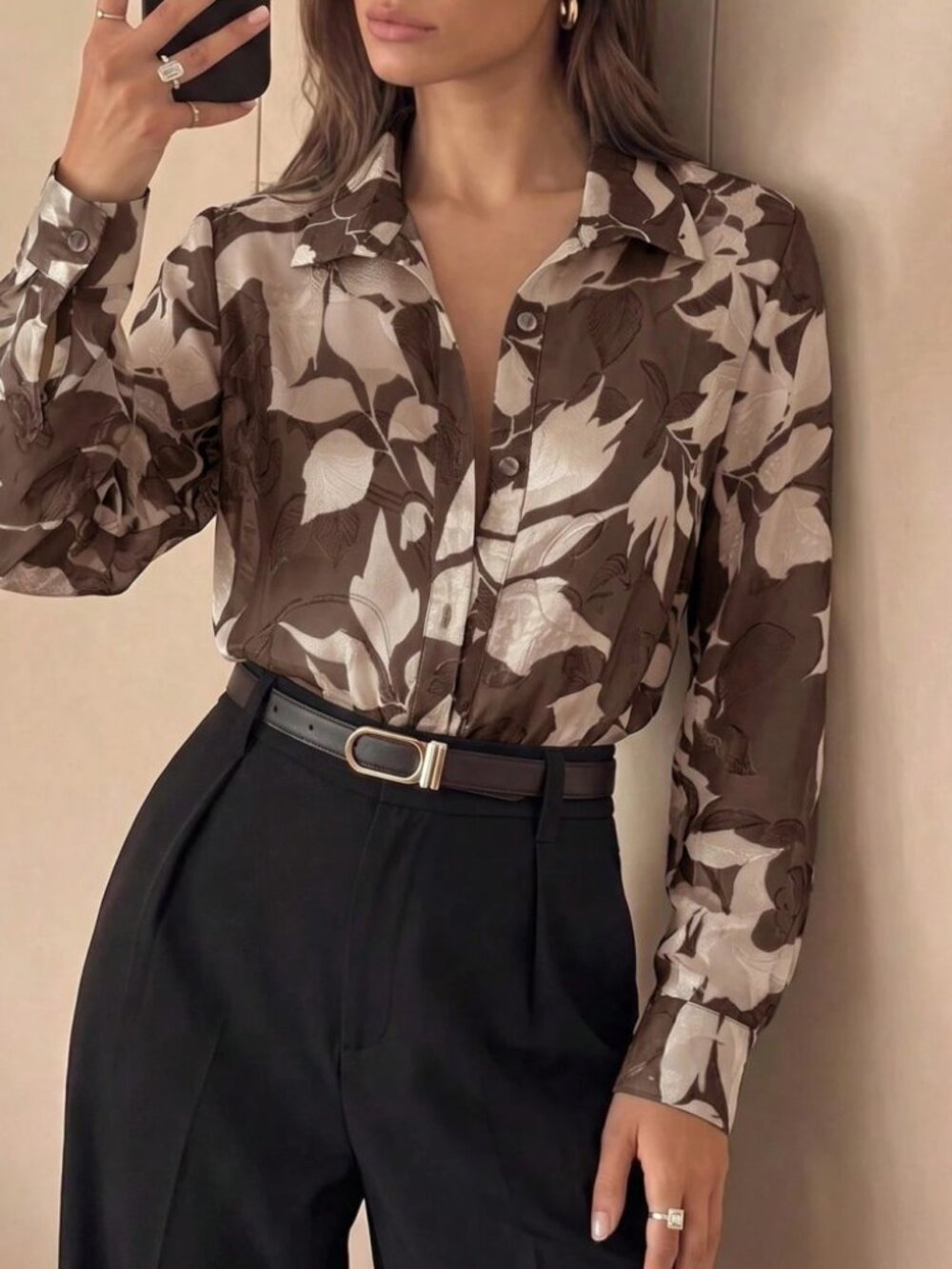 Brown Floral Jacquard Button-Up Shirt Blouse